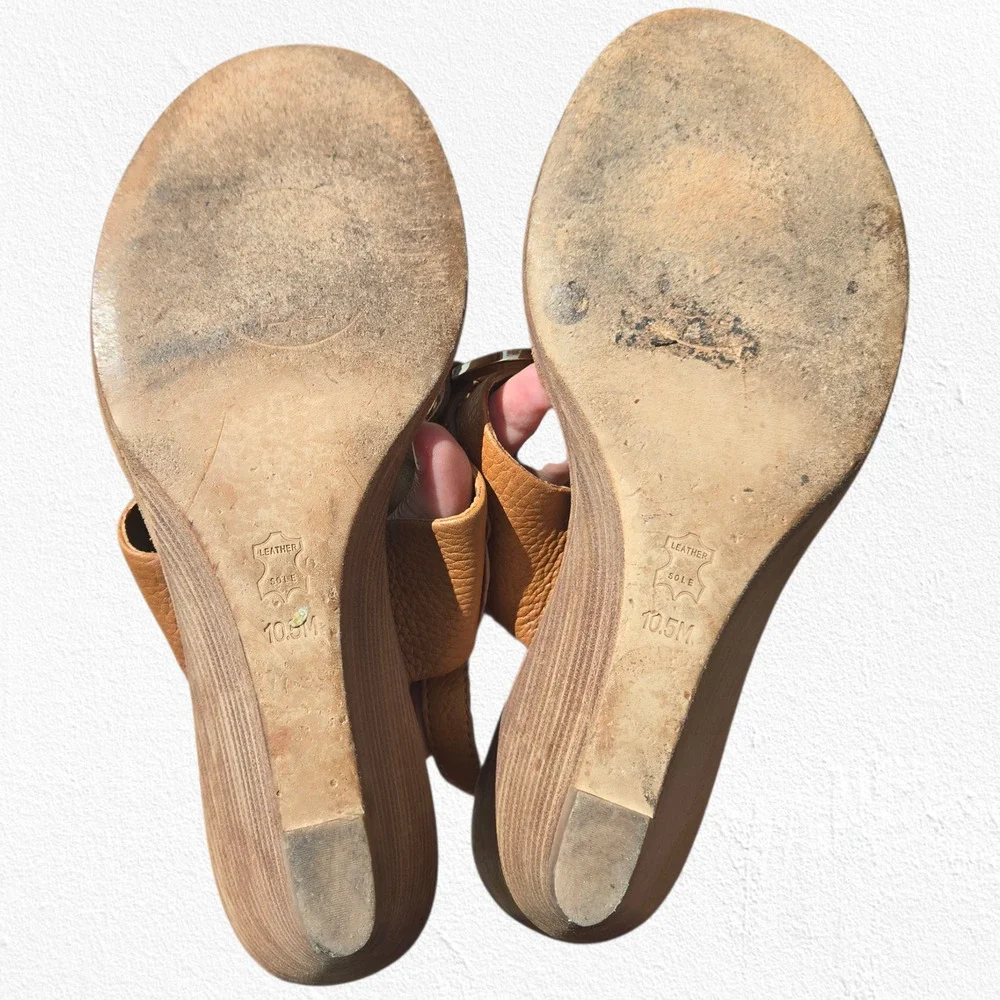 Tory Burch Tan Leather Miller Wedge Sandals Logo Slingback Heels Size 10.5M